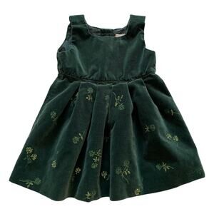 Vintage 90s Gap Girl's Green Velour Sleeveless Dress, Embroidered, 18-24 mo.